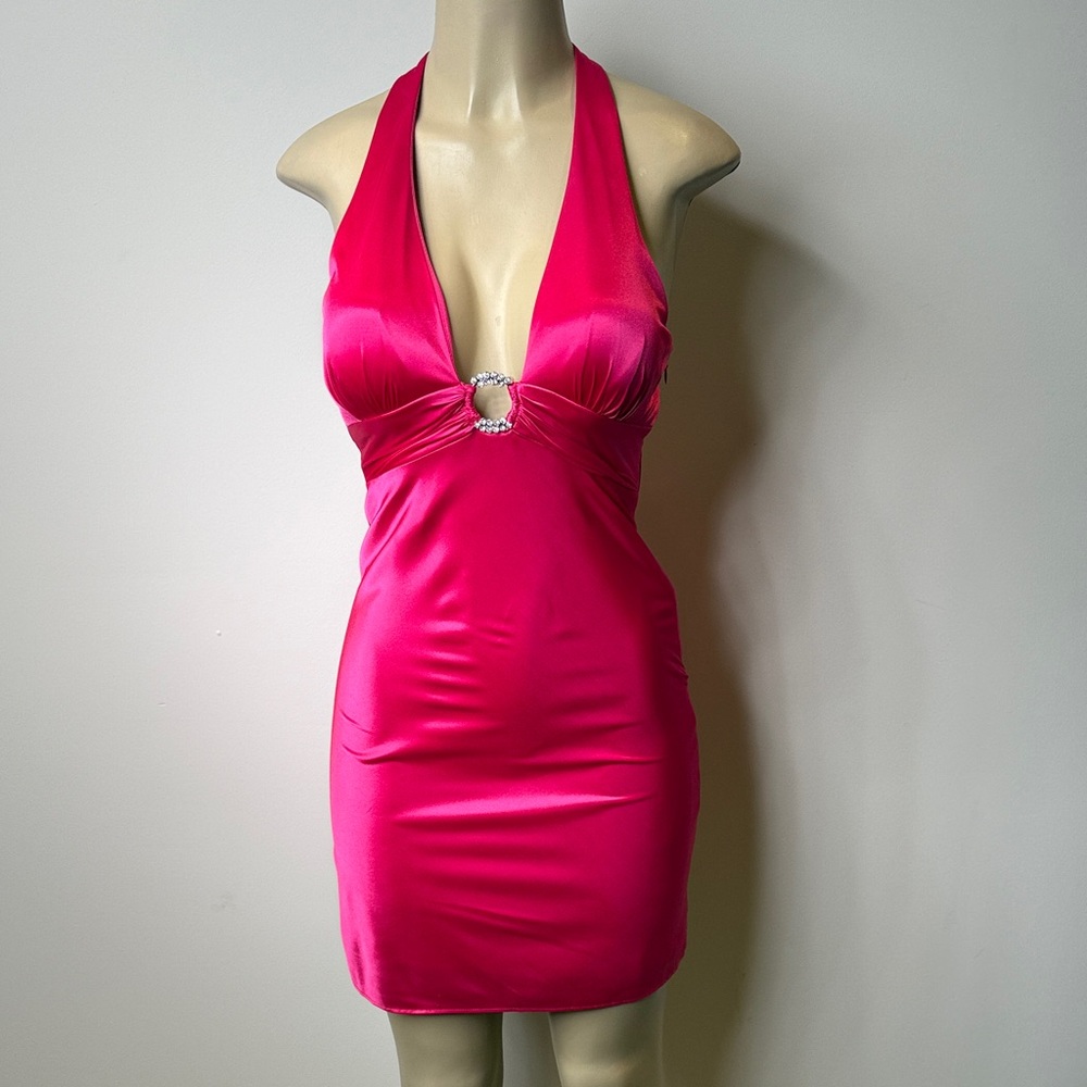 Morgan & Co. Hot Pink Halter Mini Dress with Rhinestone Ring